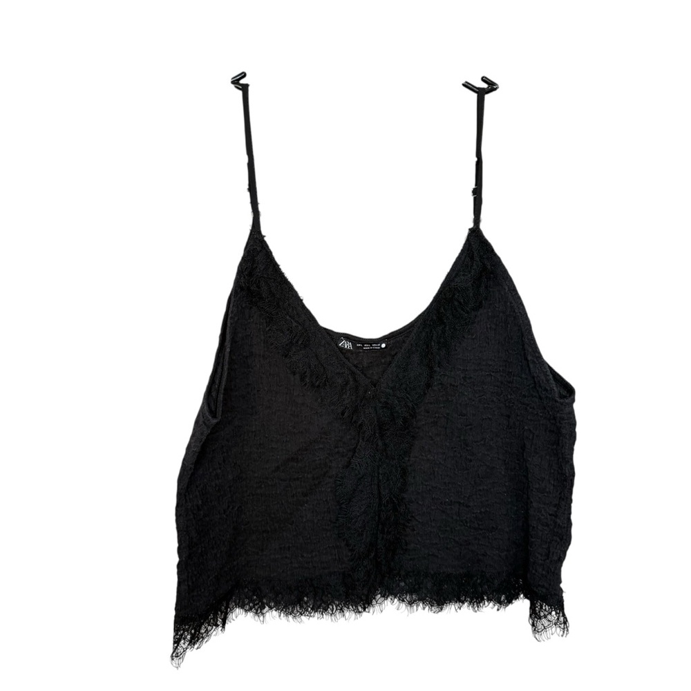 Zara Black‎ Textured Cami with Lace Edges